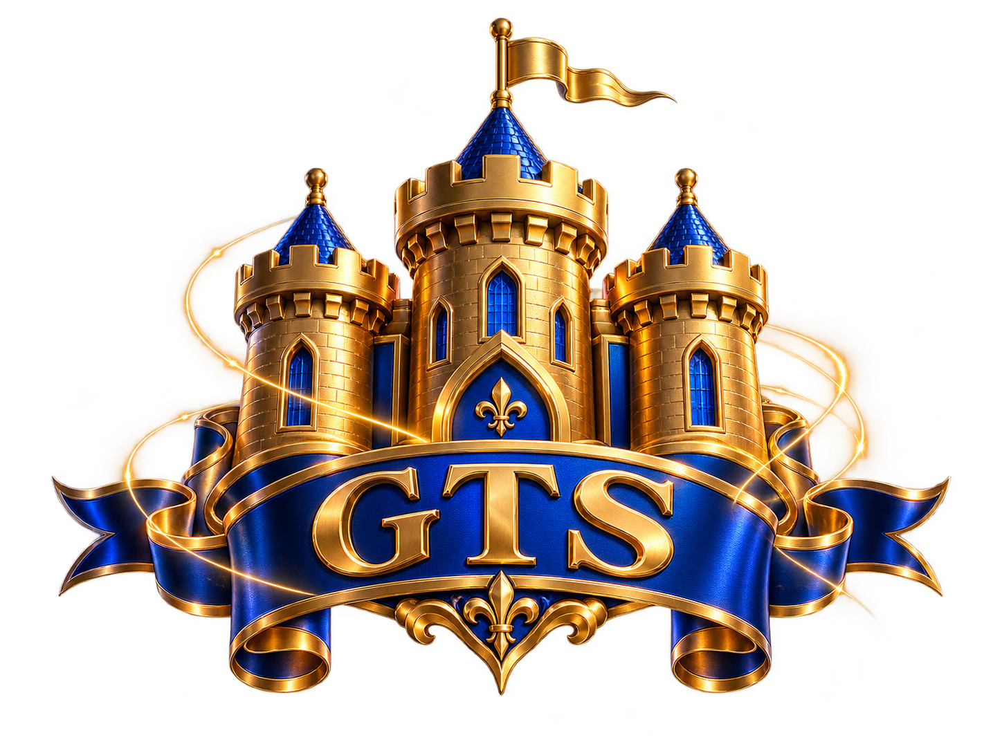 Emblema dourado da Guild Tech Support com castelo e faixa azul GTS